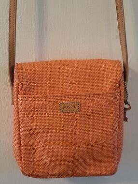 Fossil Coral Orange Woven Crossbody Bag.